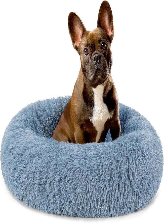 D&C PAWS سرير D&C PAWS Calming Donut للكلاب الصغيرة والمتوسطة الحجم والقطط - سرير دائري فاخر مع فرو صناعي، غطاء قابل للغسل، قاعدة مانعة للانزلاق، وسادة مريحة للحيوانات الأليفة (أزرق ترابي - صغير) - Image 1